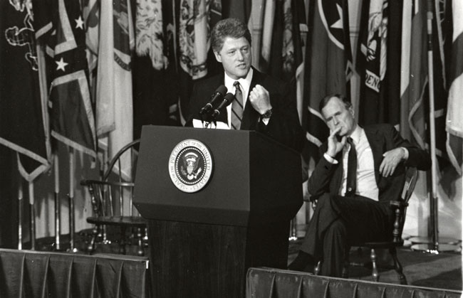 President Bill Clinton and President George Bush at Old Cabell Hall Auditorium on September 27th, 1989