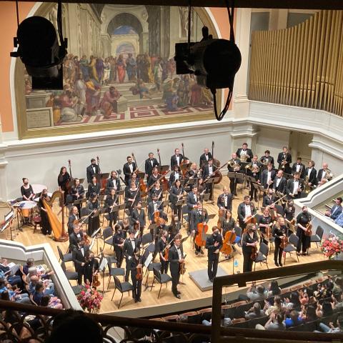 A view of the full Charlottesville Symphony Orchestra as seen from the Old Cabell Hall balcony seats