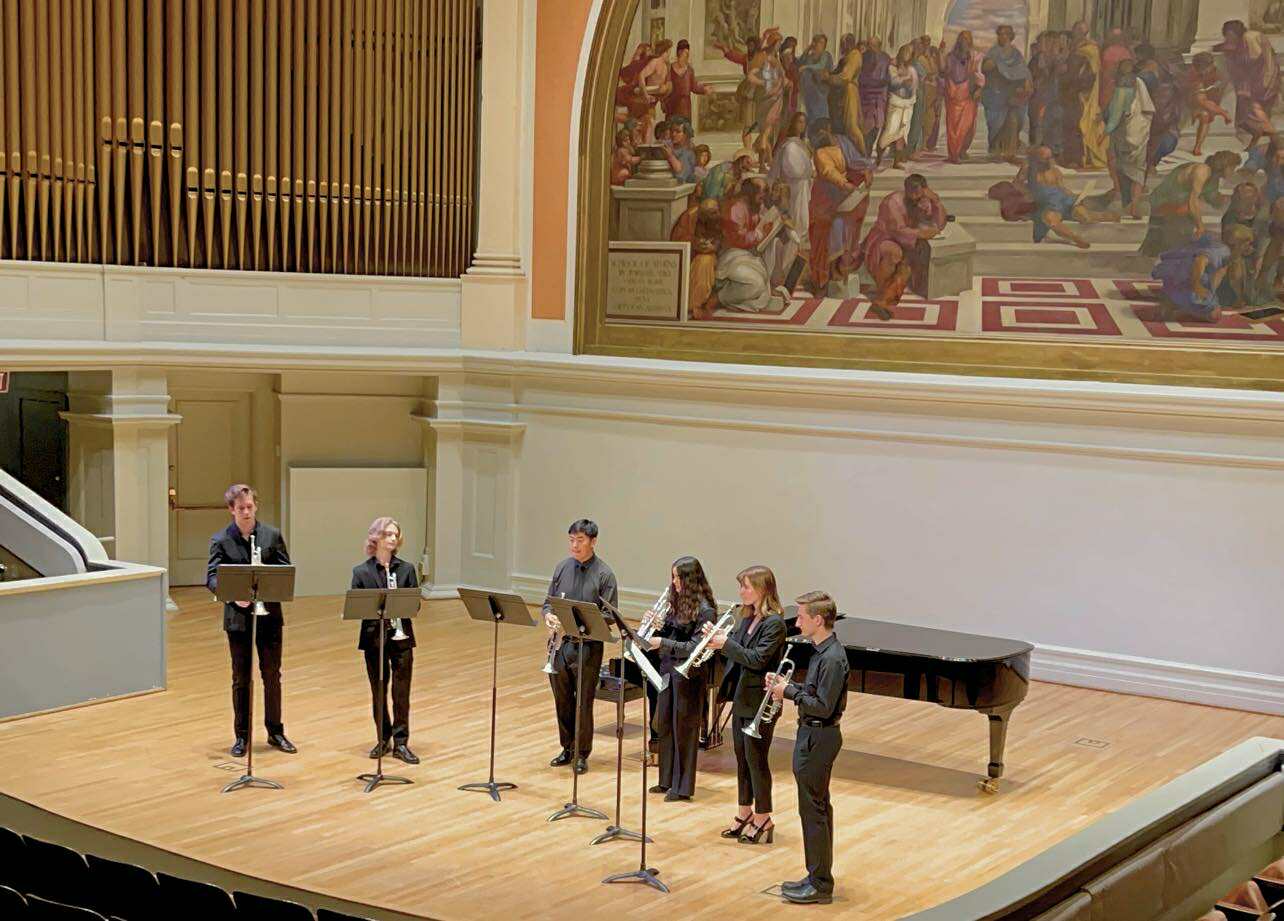 photo of six trumpet players in Old Cabell Hall