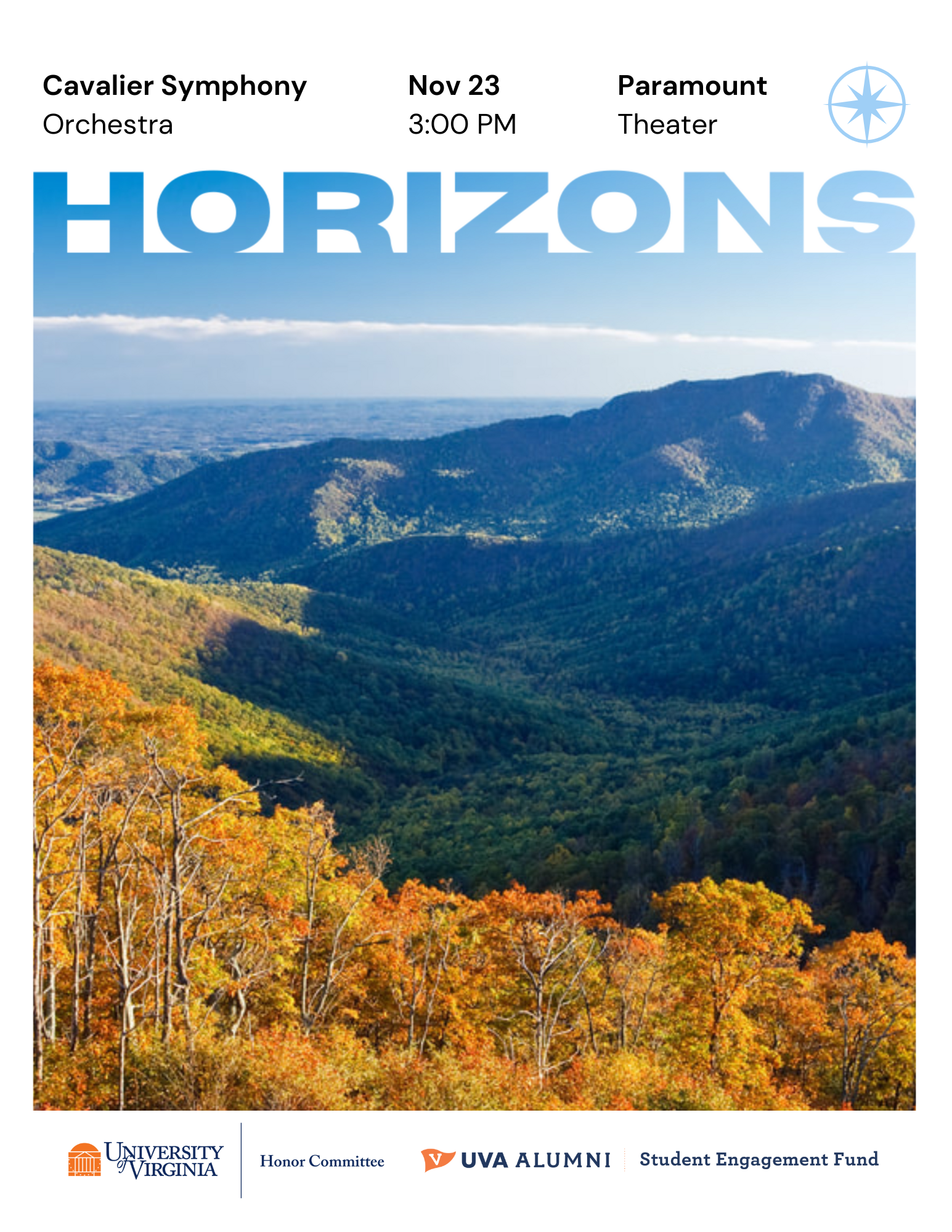 A poster titled Horizons with a photograph of a large valley