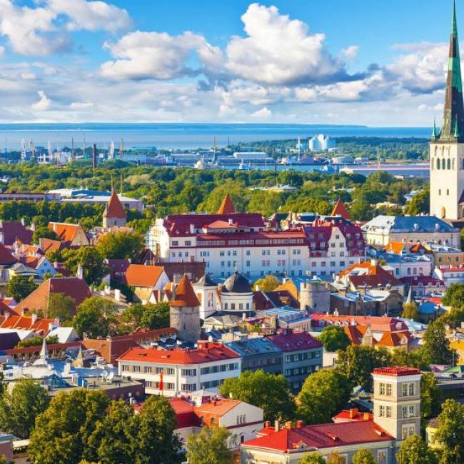 Aerial view of Latvian town and sea