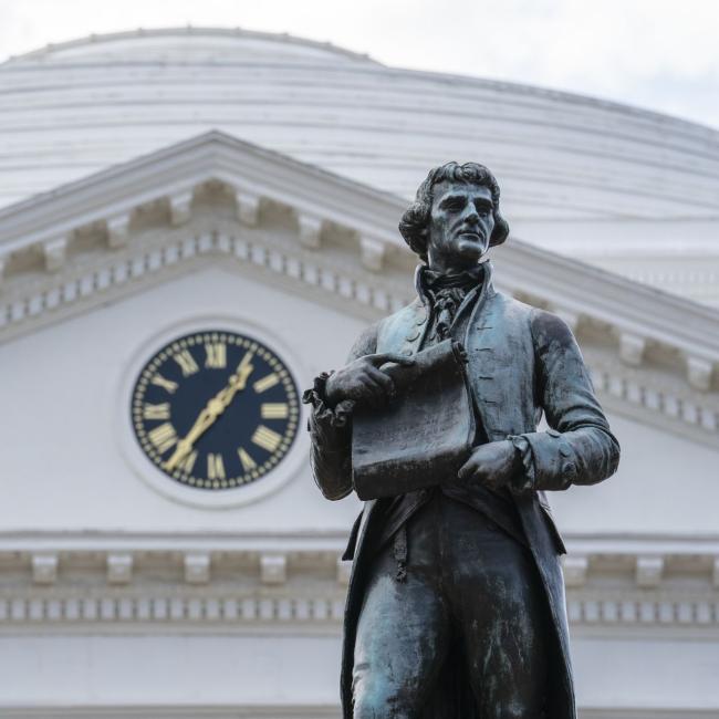 Statue of Thomas Jefferson in front of the Rotunda on Grounds at the University of Virginia